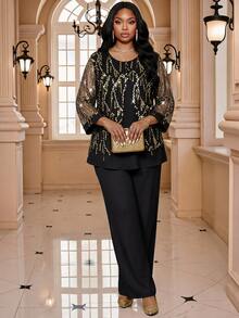 SHEIN Lady CURVE Plus Size Women's Patchwork Sequin Mesh 3/4 Sleeve Top And Wide Leg Pants Elegant 2 Pieces Set - Black - View 4