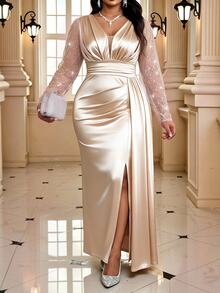 SHEIN Lady Plus Size Luxury Elegant Pleated Front Slit Sequin Dress - Apricot - View 1