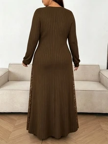 Lacomfia 大尺碼復古浪漫蕾絲長袖晚禮服 - 棕色 - 查看 2