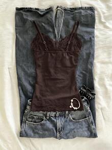 IslaSuriya Lace Patchwork Slim Fit Women's Camisole - Coffee Brown - View 2