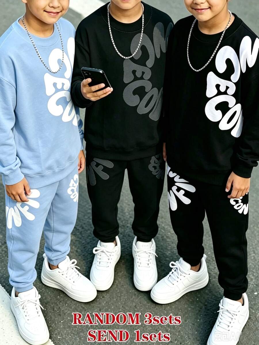 青少年男孩休閒街頭極簡風淺藍色黑灰色字母與花卉印花落肩衛衣與運動長褲2件套,適合外出與運動 - 彩色 - 查看 1
