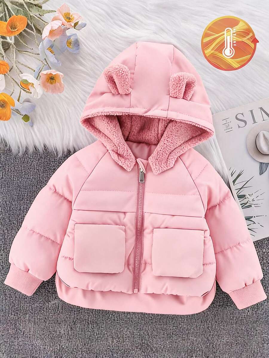 SHEIN Infant/Toddler (Girls) Padded Coat Winter Hooded Lamb Fleece Zipper Pockets, Front Short Back Long Outfit Pink Modest Western - Pink - View 1