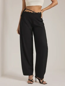 SHEIN Tall Tall Women's Black Lace-Panel Curved-Leg Trousers - Black - View 6