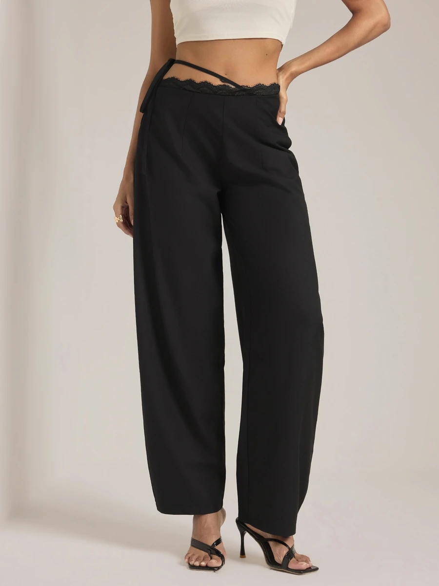 SHEIN Tall Tall Women's Black Lace-Panel Curved-Leg Trousers - Black - View 1