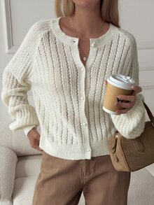 DAZY Solid Color Loose Hollow Long Sleeve Round Neck Casual French Vacation Korean Style Elegant Fall Knit Cardigan For Women Brunch Cream White - White - View 5