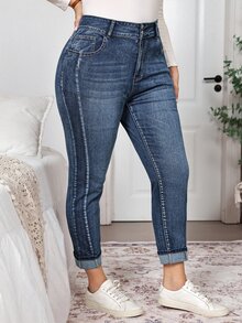 EMERY ROSE Plus Size Women's High-Rise Double-Button Stretch Skinny Jeans For Women, Dark-Wash Cuffed Ankle Denim,Halloween,Christmas,New Year,Elegant ,Concert - Blue - View 5