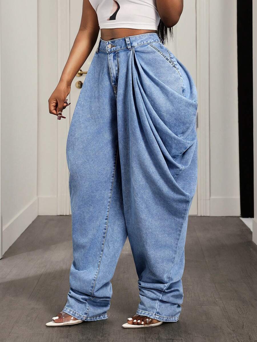 SHEIN CURVE+ Plus Size Light Blue Vintage Washed 3D Draped Ruched Wide Leg Denim Jeans With Half Elastic Waistband, Asymmetrical Pockets, Loose Deconstructed Casual Floor-Length Pants - Light Wash - View 1