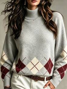 SHEIN Women's French Vintage Argyle Mock Neck Knit Sweater Women Autumn/Winter Loose Lazy Colorblock Diamond Pattern Pullover Halloween Top. - Grey - View 1