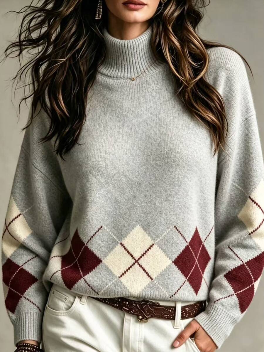 SHEIN Women's French Vintage Argyle Mock Neck Knit Sweater Women Autumn/Winter Loose Lazy Colorblock Diamond Pattern Pullover Halloween Top. - Grey - View 1