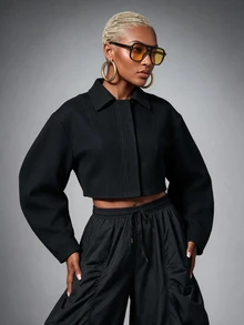 SHEIN Lunessa Mantel Pendek Hitam Wanita - Hitam - View 4