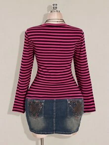 SHEIN ICON Women's Plus Size Autumn/Winter Contrast Lace Black & Grey Striped Slim Fit T-Shirt Fall - Multicolor - View 3