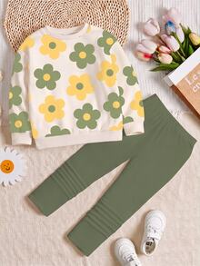 Kids Young Girl Casual Crew Neck Long Sleeve Sweatshirt & Leggings 2pcs Set, Suitable For Autumn/Winter - Multicolor - View 3