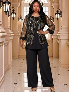 SHEIN Lady CURVE Plus Size Women's Patchwork Sequin Mesh 3/4 Sleeve Top And Wide Leg Pants Elegant 2 Pieces Set - Black - View 5