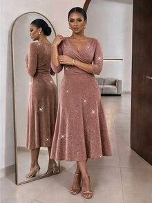 SHEIN Lady Plus Size Women's Elegant Fine Glitter Pleated Dress - Brown - View 4