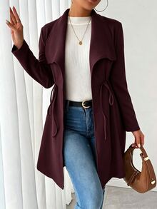 SHEIN Raffinéa Women's Solid Color Long Sleeve Casual Smart Casual Business Casual Suede Drawstring Jacket Office Burgundy Autumn/Winter - Red Violet - View 4