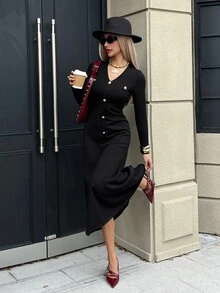 DAZY Autumn V-Neck Long Sleeve Cinched Waist Metal Button Decor Black Elegant Commuter Style Women's Sweater Dress Winter - Black - View 5