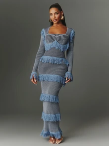 NYA SZN Gaun Rajut Elegan Pas Badan Wanita dengan Motif Garis-Garis, Leher Persegi, Lengan Panjang, Patchwork, Lapisan Ganda, dan Rumbai - Biru - View 6
