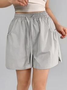 DAZY Women's Solid Color Drawstring Waist Double Layer Sports Shorts Summer Gym Running Grey And Pink Low Waist Athletic - Grey - View 4