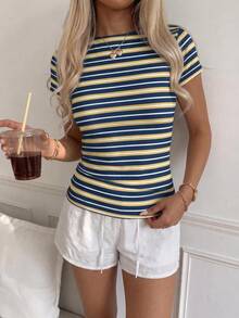 CovetEZ Women 95% Cotton Striped Form-Fitted Short Sleeve T-Shirt Casual Top, Wear For Spring/Summer/Fall - Multicolor - View 7