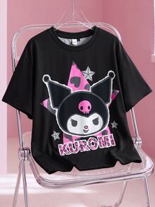 HELLO KITTY AND FRIENDS | SHEIN تي شيرت رجالي كاجوال بطبعة حروف وياقة دائرية وأكمام قصيرة - الأسود - مشاهدة 1
