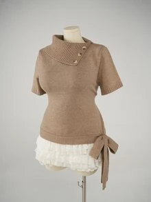 Sweetra CURVE Plus Size Women's Knit Short Sleeve Pullover Top With Bow - Khaki - View 6