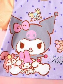HELLO KITTY AND FRIENDS | SHEIN Set Kaos Lengan Pendek dan Celana Pendek Motif Kartun Huruf untuk Bayi Perempuan - Purple - View 4