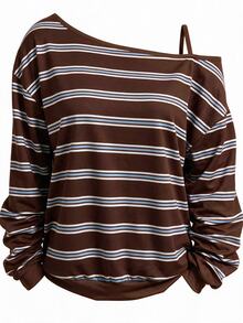 EMERY ROSE Women's Casual Vintage (70s Style) Minimalist Striped Print Brown Striped Plus Size Full-Width T-Shirt, Suitable For Back To School And Daily Autumn Wear - Multicolor - View 3