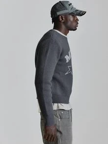 Oversized Crop Length High Neck "Musero" Intarsia Crew Neck Knit Sweater Autum Winter Essentials - Dark Grey - View 4