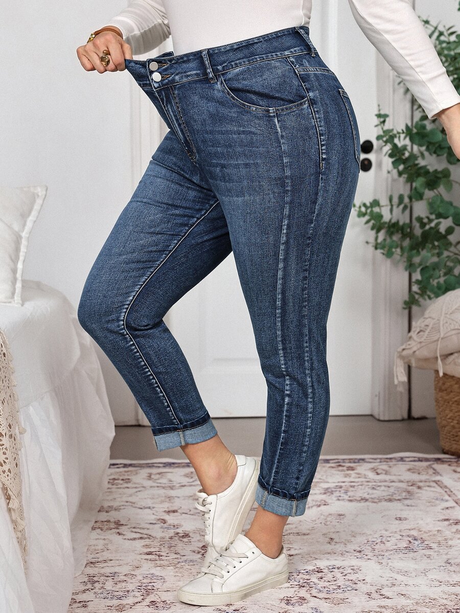 EMERY ROSE Plus Size Women's High-Rise Double-Button Stretch Skinny Jeans For Women, Dark-Wash Cuffed Ankle Denim,Halloween,Christmas,New Year,Elegant ,Concert - Blue - View 1