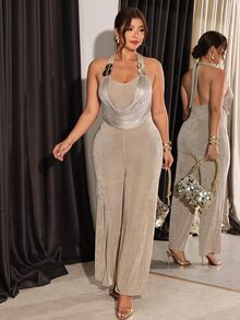 Firerie Plus Size Metal Decor Tassel Halter Neck Tie Jumpsuit - Khaki - View 6