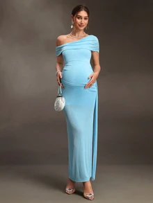 Cheriluna Maternity Maternity Solid Color One Shoulder Elegant Maternity Photography Dress - Blue - View 7