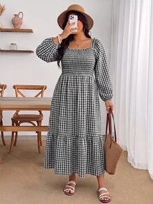 Enliva Plus Size Women's Vacation Loose Plaid Dress - Black and White - View 3