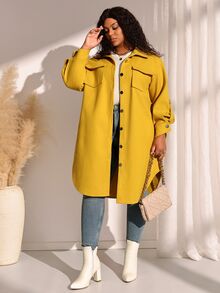 EMERY ROSE Plus Size Women Autumn/Winter Casual Vacation Country Solid Color Yellow Blouse Jacket With Pockets, Fall,Going Out,Business,Formal - Yellow - View 5