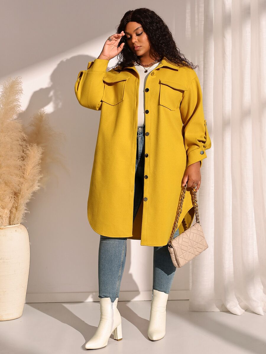 BrightlyHer Blus/Jaket Wanita Ukuran Besar untuk Musim Gugur/Musim Dingin, Kasual, Liburan di Pedesaan, Warna Kuning Polos, dengan Kantong, Cocok untuk Musim Gugur, Jalan-jalan, Bisnis, dan Formal. - Kuning - View 1