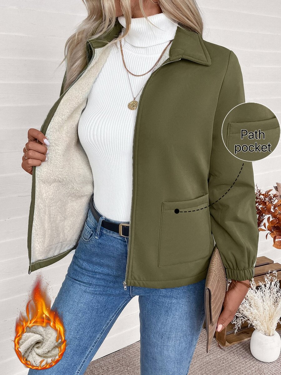 SHEIN 女款純色保暖內裡休閒百搭日常穿著長袖夾克 - 軍綠色 - 查看 1