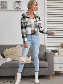 SHEIN Holidaya 女款格紋落肩長袖單排扣休閒夾克 - 黑與白 - 查看 5