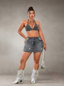 SHEIN ICON Plus Size Women's Fashion Rhinestone Embellished Washed Denim Bodycon Skirt With Pockets - Grey - View 3