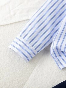 SHEIN Elladie kids 女童藍白棕色襯衫百褶裙兩件套 上衣：直條紋長袖披肩式下擺 高腰迷你裙 校園生日穿搭 - 白色 - 查看 6