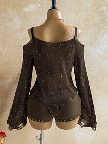 Soleia Women's Fashion Sequin Knit Distressed Y2K Decor Asymmetrical Knit Top - Brown - View 2