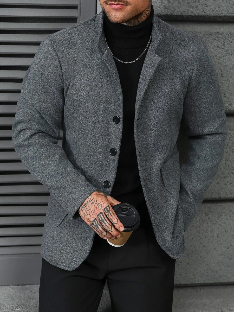 Manfinity CasualCool 男士秋冬經典百搭雙大口袋設計開襟立領休閒成熟風羊毛外套 - 灰色 - 查看 1