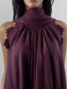 Aloruh Women's Elegant Chiffon Lace Patchwork Ruffle Collar Blouse - Purple - View 8