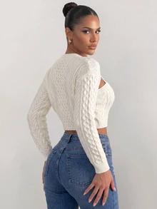 Sirith Women's Solid Color Hollow Out Cropped Knit Top - Beige - View 2