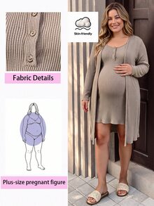 SHEIN Apricot Maternity Plus Size Knit 2 Pieces Set Ribbed Textured Casual Comfortable Long Cardigan & Round Neck Dress With Front Opening For Breastfeeding - Apricot - View 3