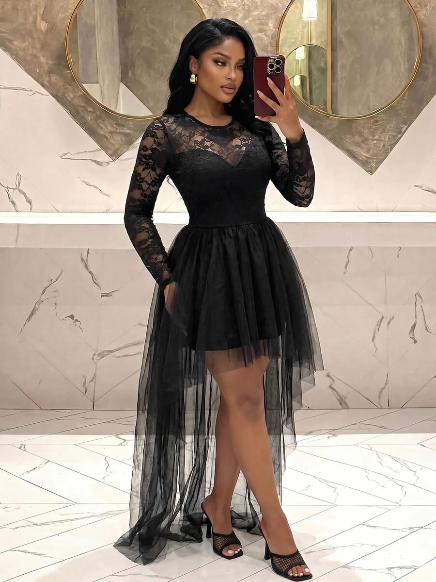 Slaydiva Plus Size Tulle Dress, Black Sheer Lace Long Sleeve High Low Ruffle Hem Prom Gown Fall