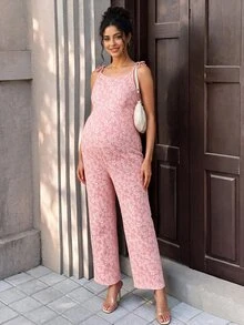 Momance Maternity Jumpsuit, Elegant Solid Color Tie-Waist Jumpsuit - Pink - View 3