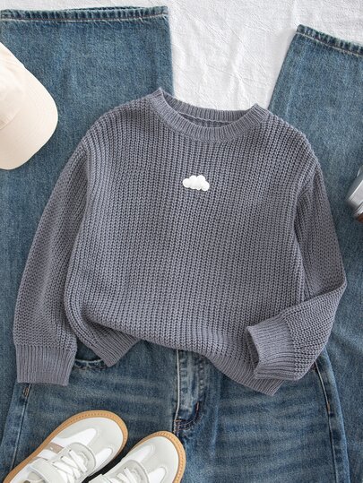 SHEIN Boys Grey Cloud Patchwork Chunky Knit Sweater, Loose Drop Shoulder Round Neck Knit Top, Thick Versatile Pullover For Kids Autumn/Winter