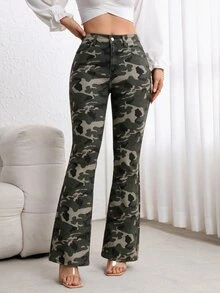SHEIN ICON 迷彩印花修身喇叭牛仔褲 - 彩色 - 查看 6