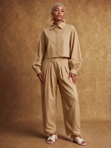 SHEIN Lunessa Cropped Shirt + Pleated Waist Trousers - Khaki - View 3