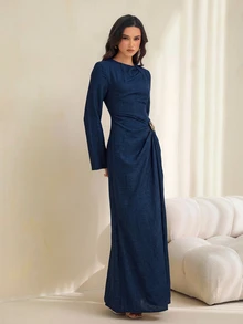 SHEIN Tall 女款純色扭結設計前襟金屬扣飾喇叭袖長袖洋裝 - 寶藍色 - 查看 8
