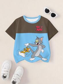 TOM & JERRY X SHEIN Young Boy Cartoon Pattern Print Crew Neck Short Sleeve Colorblock T-Shirt - White - View 1